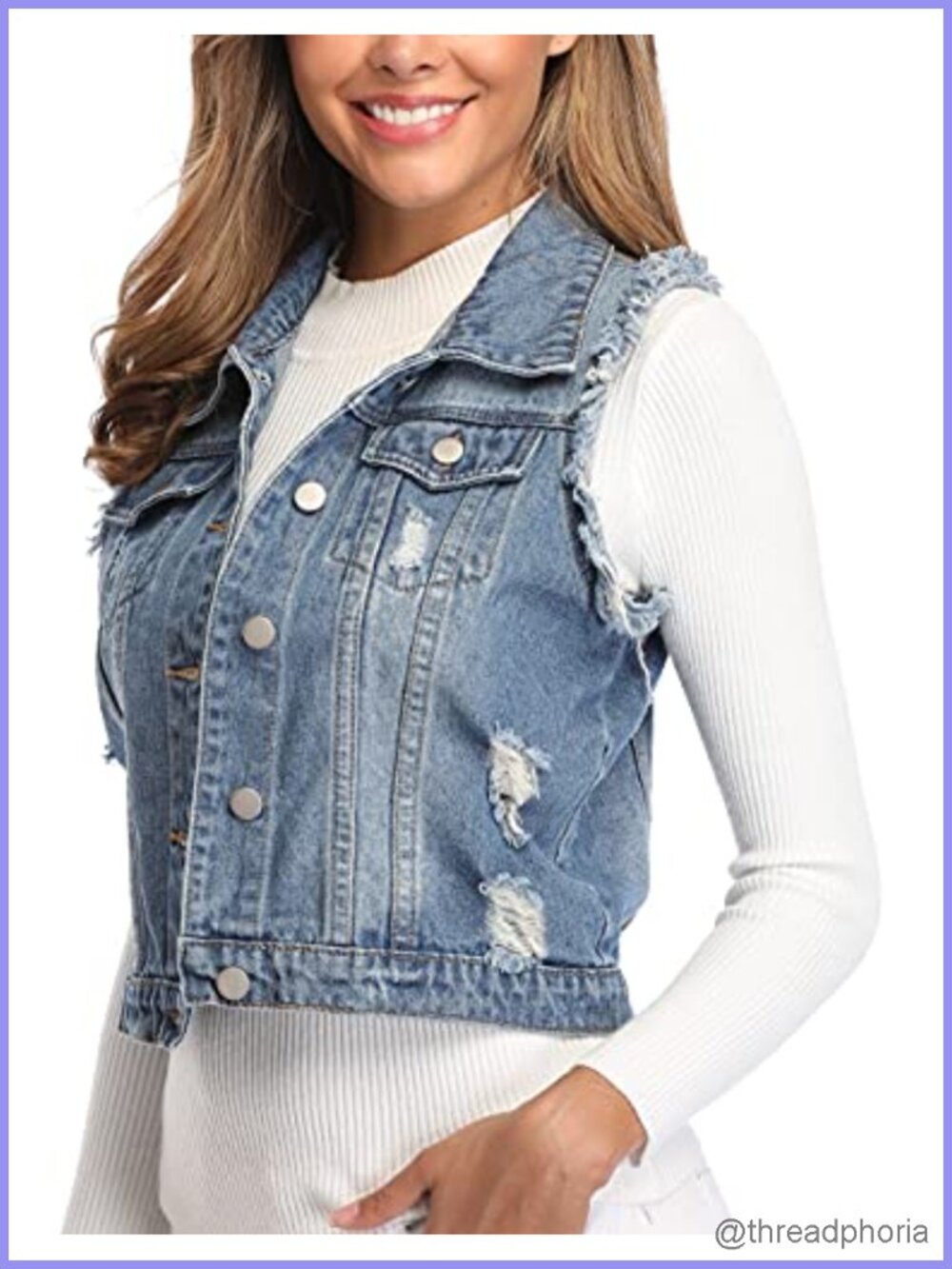 Ripped Denim Vest Cropped Distressed Sleeveless Jean Vest with Flap Pockets